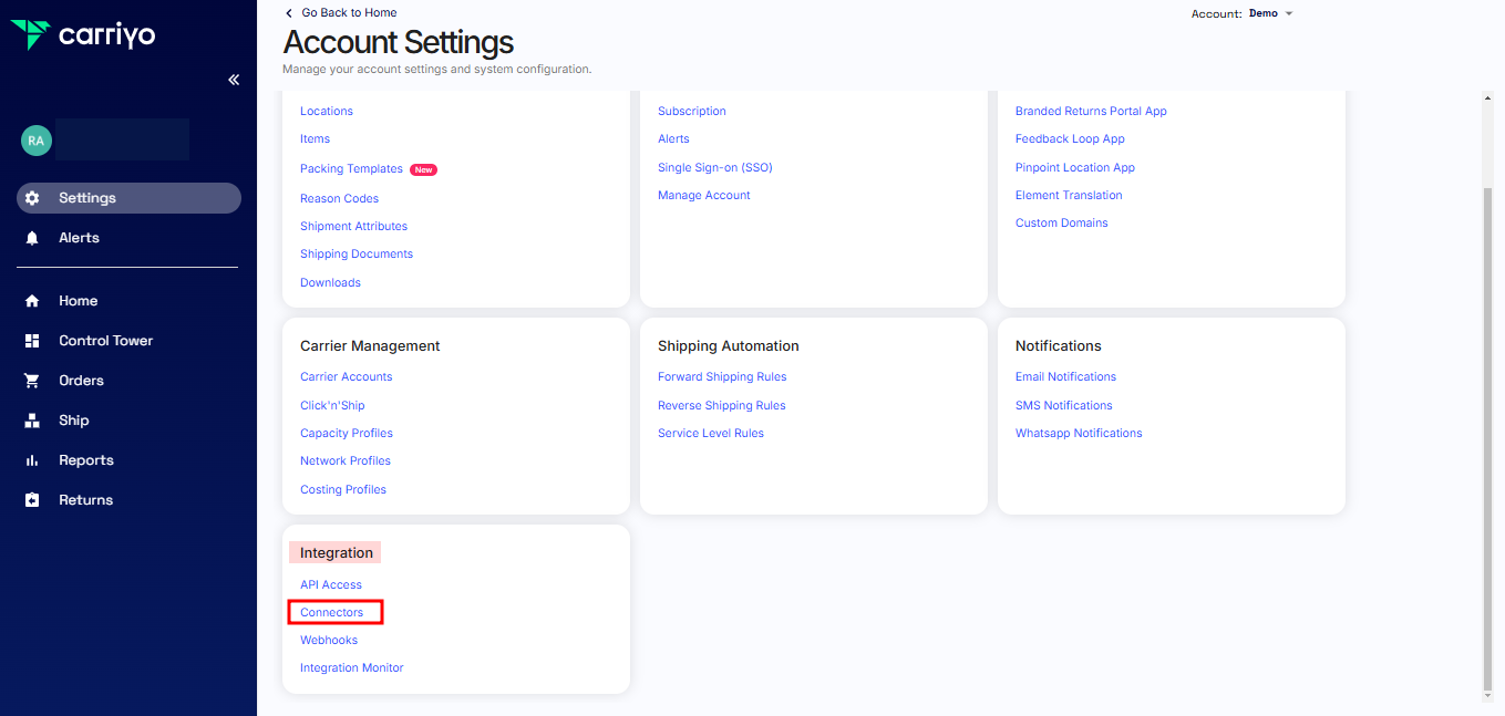 Connectors menu