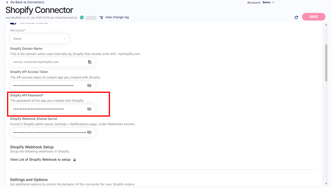 Paste API secret key into Carriyo