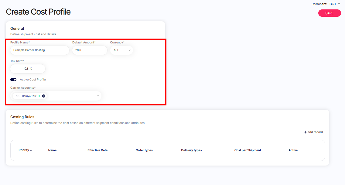 Carrier costing profile