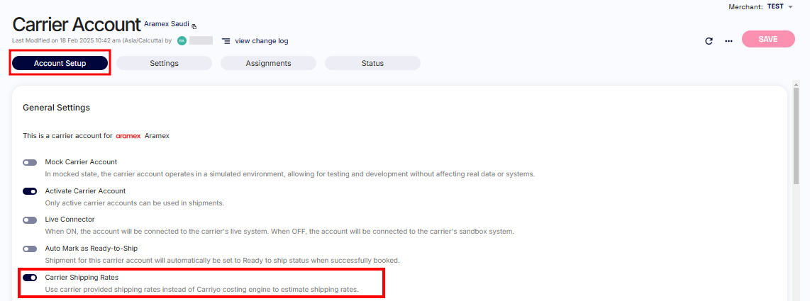 Carrier shipping rates toggle