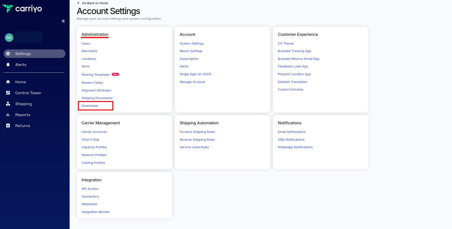 Downloads option in Settings > Administration