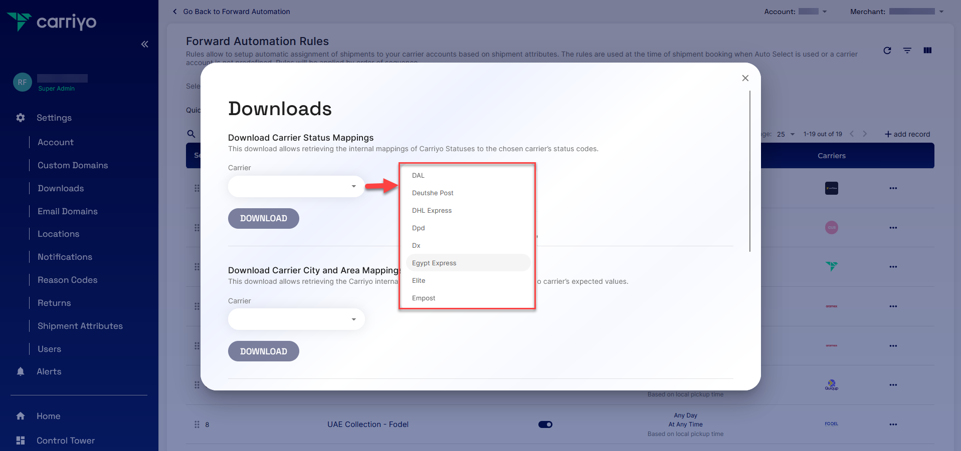 Carrier status mappings download