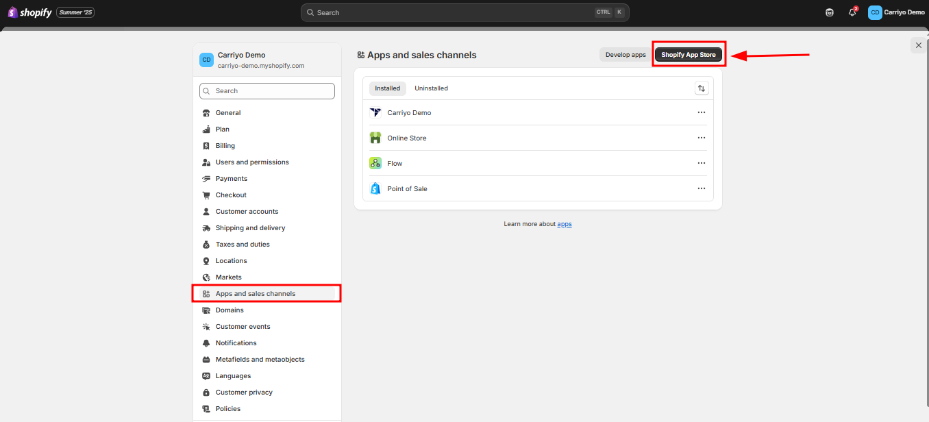 Apps and Sales channels in Shopify Settings