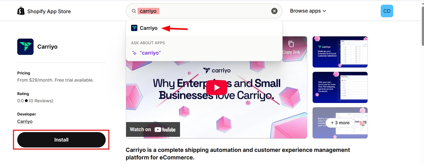 Carriyo app in the Shopify App Store
