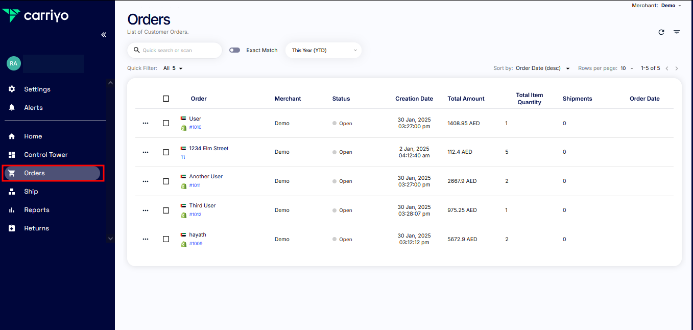Orders list