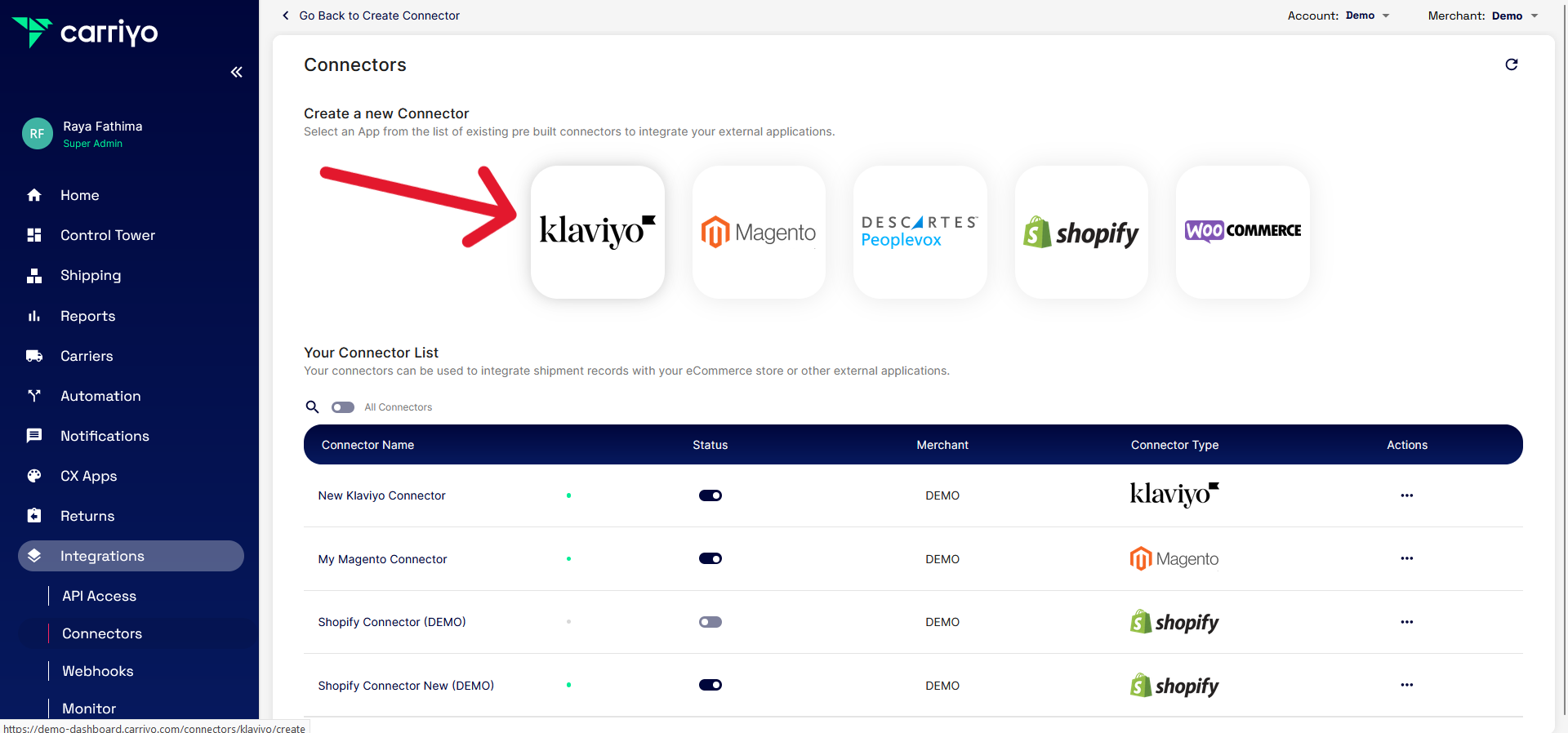 Connectors list with Klaviyo