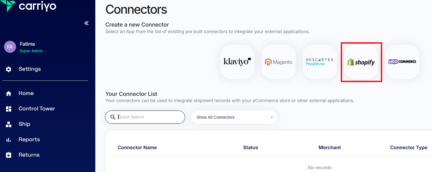 Connector apps list with Shopify icon