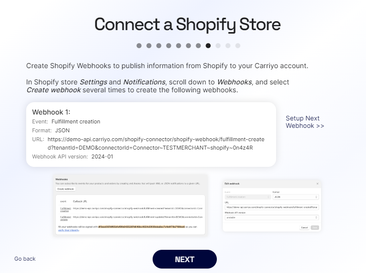 Webhook URLs in the Carriyo wizard
