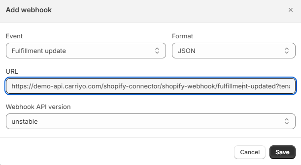 Webhook events list in the wizard
