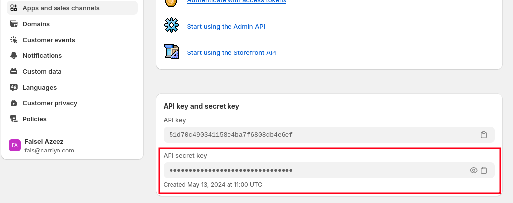 Copy API secret key