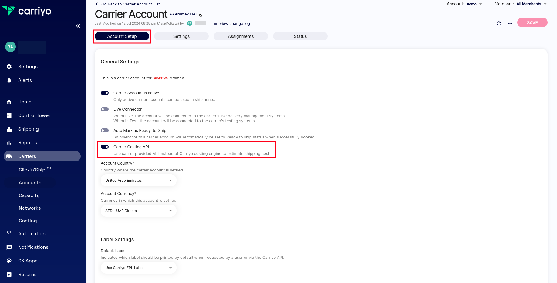 Carrier Shipping Rates toggle