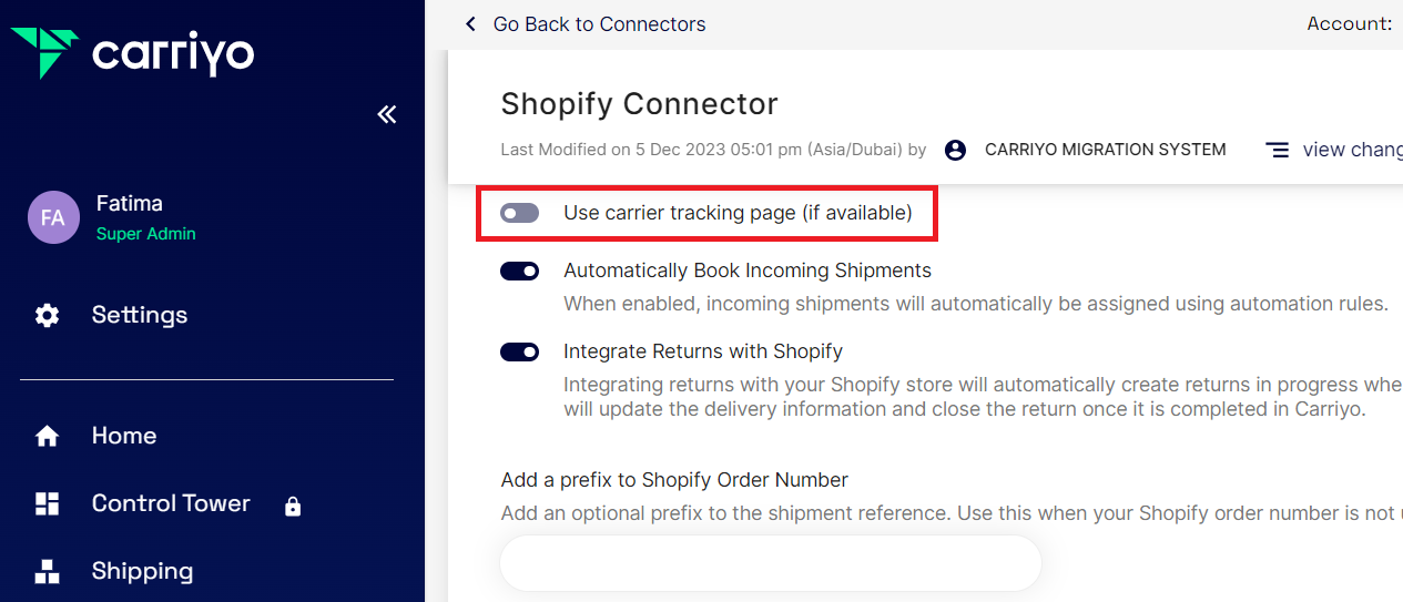 Carrier tracking page toggle
