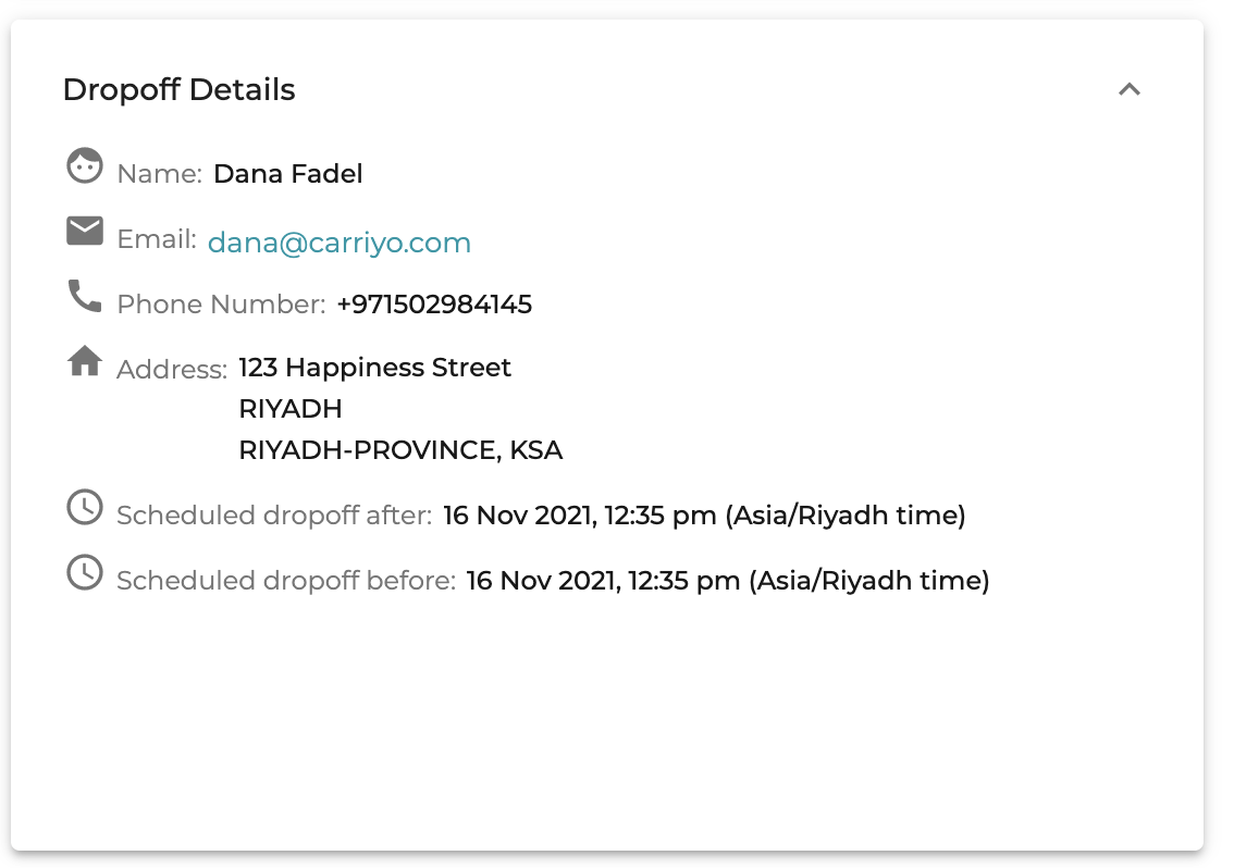 Drop-off details in destination time zone