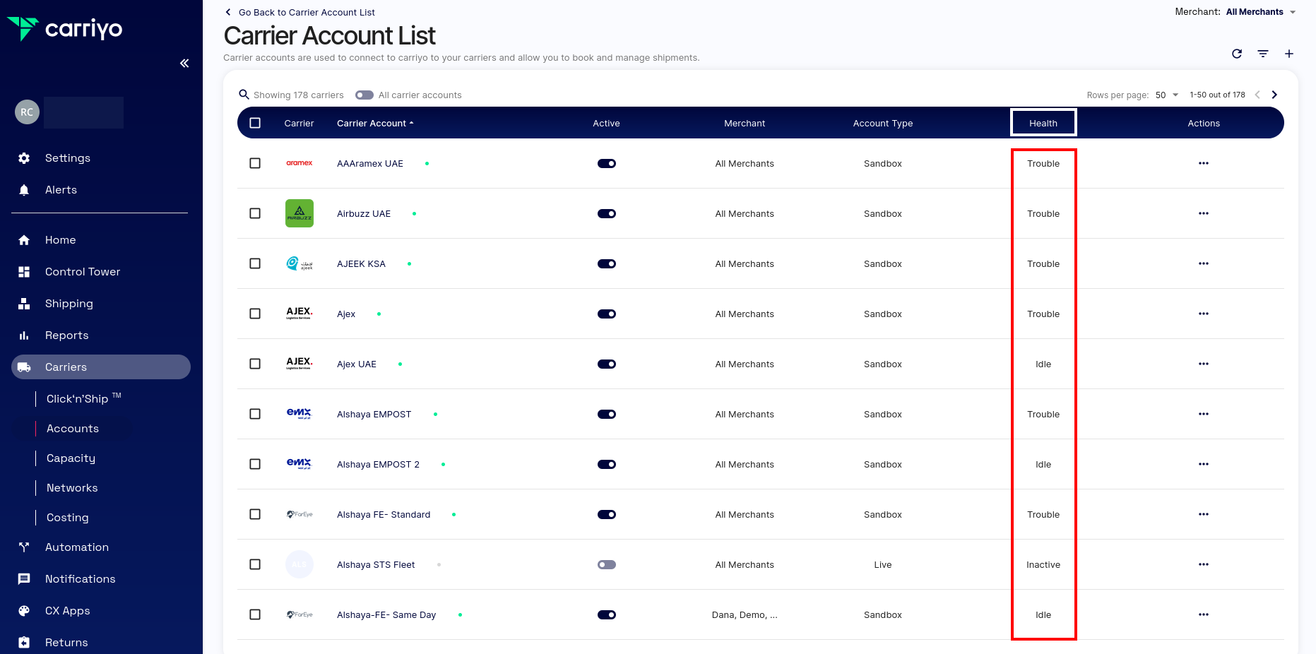 Carrier accounts list with the Health column visible for each account