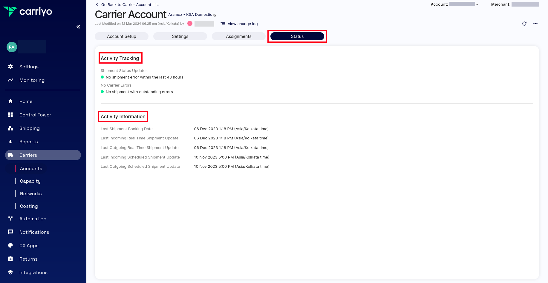 Status tab on a carrier account showing Activity Tracking and Activity Information sections