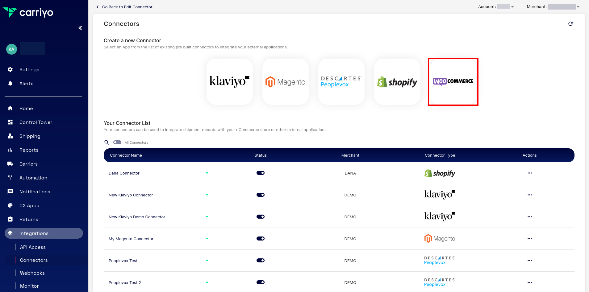 Connectors page in Carriyo