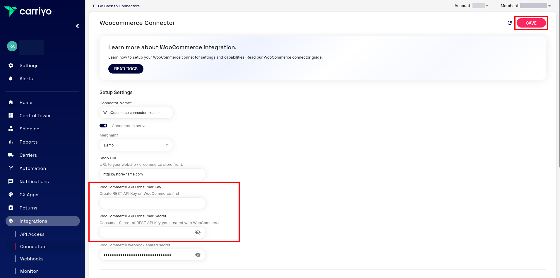 Paste credentials into Carriyo