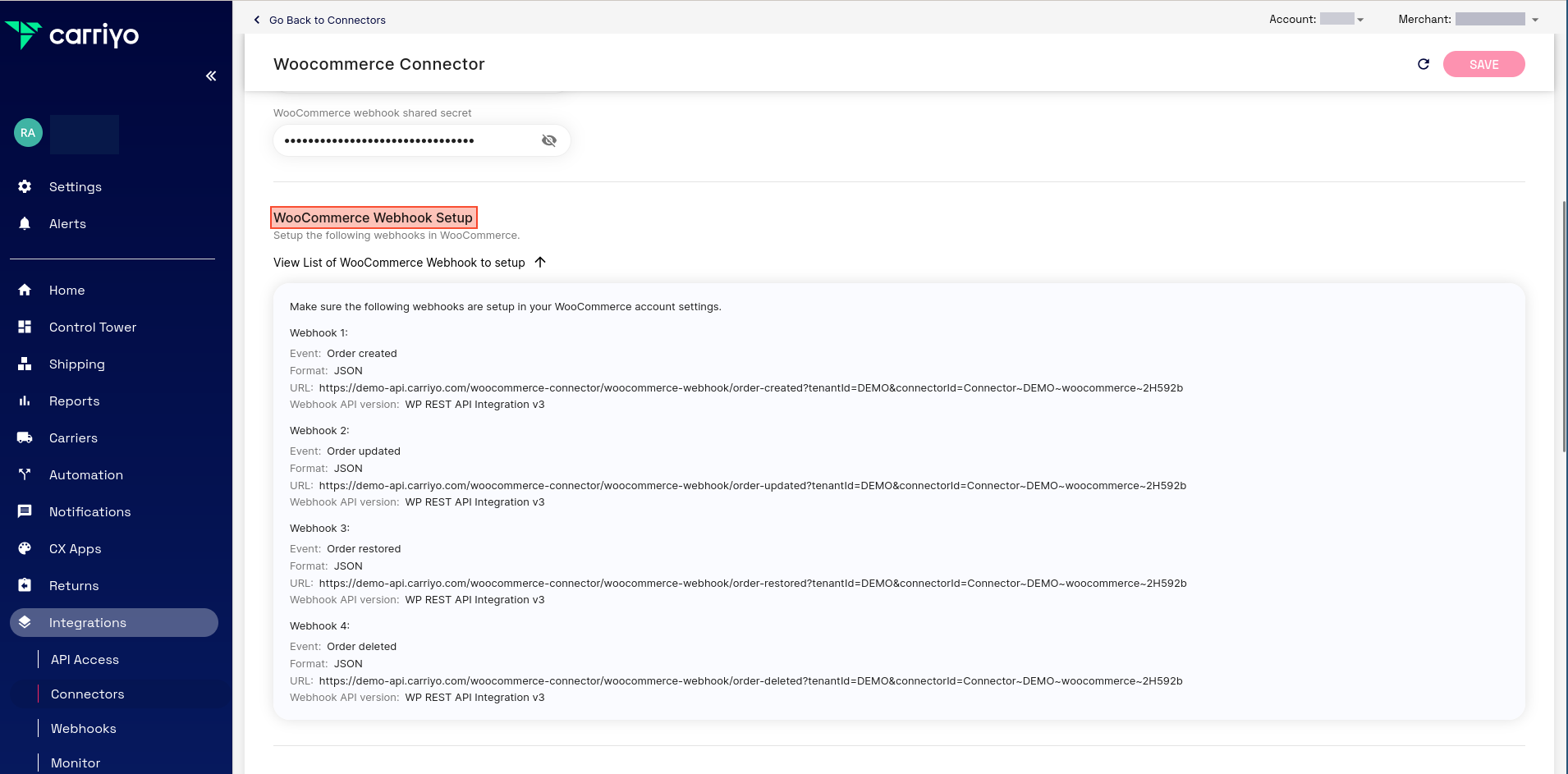 Webhook list in Carriyo