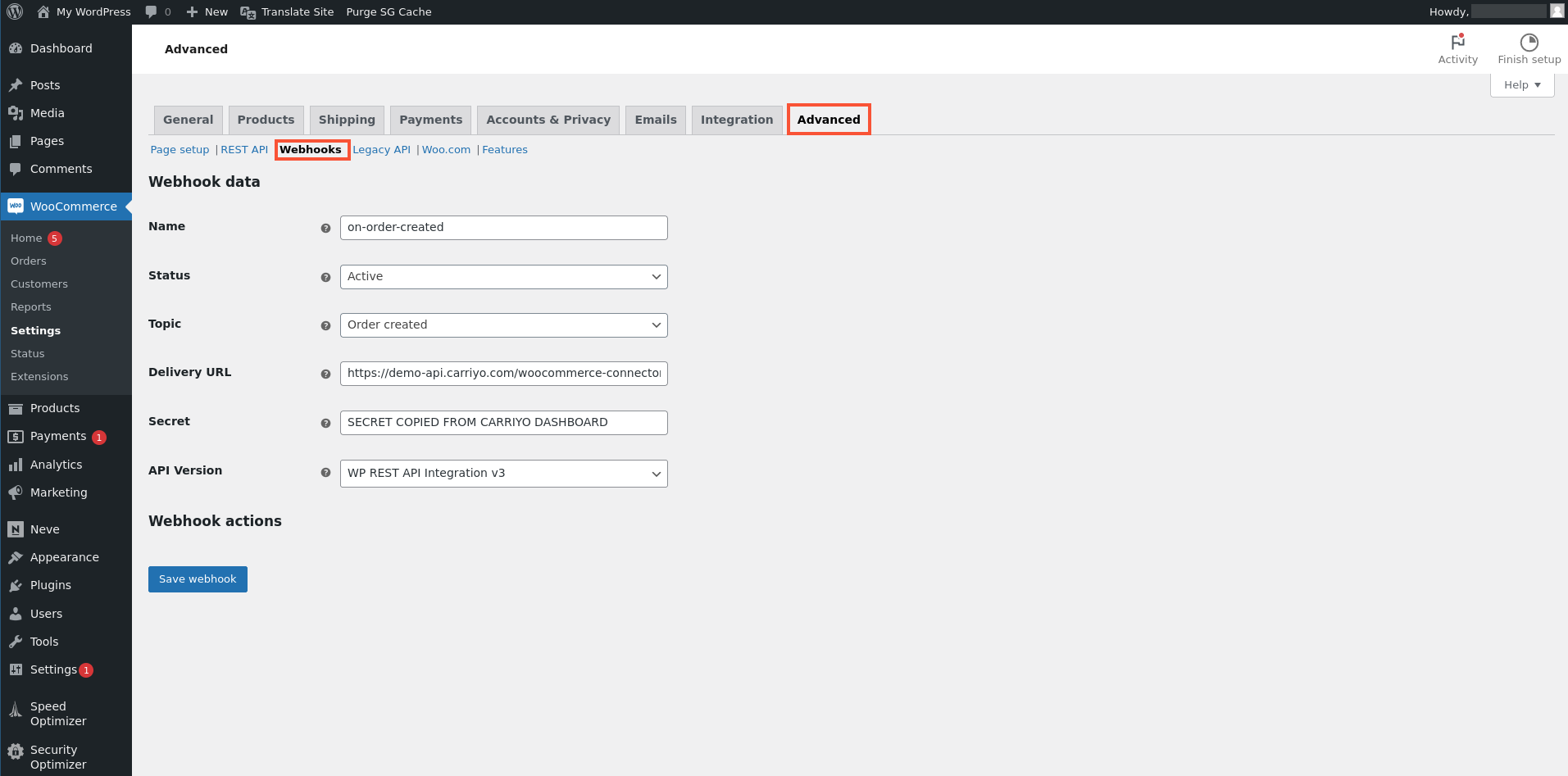 Add webhook in WooCommerce
