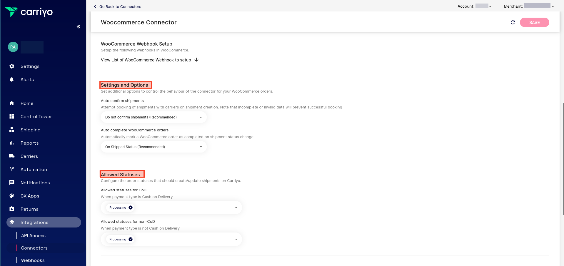 Settings and options
