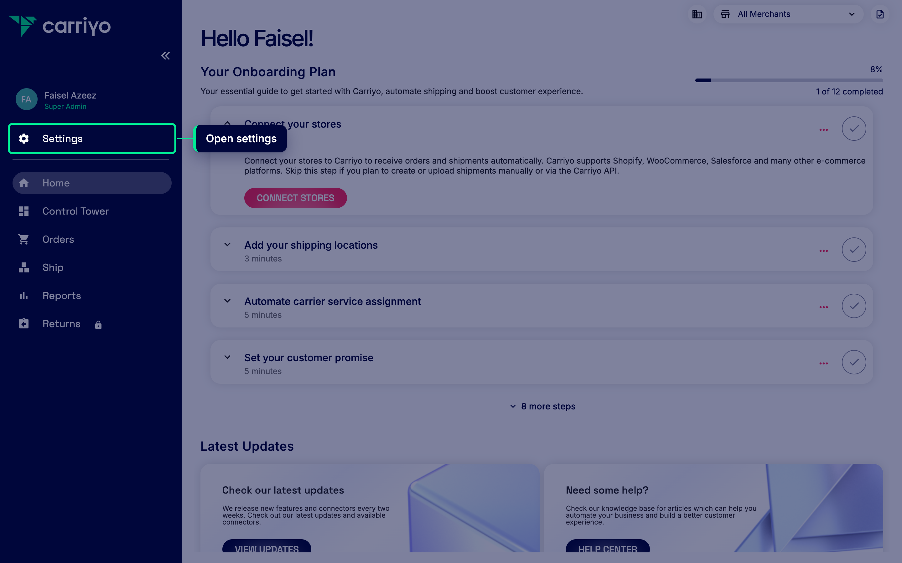 Carriyo Dashboard with the Settings link in the left sidebar highlighted