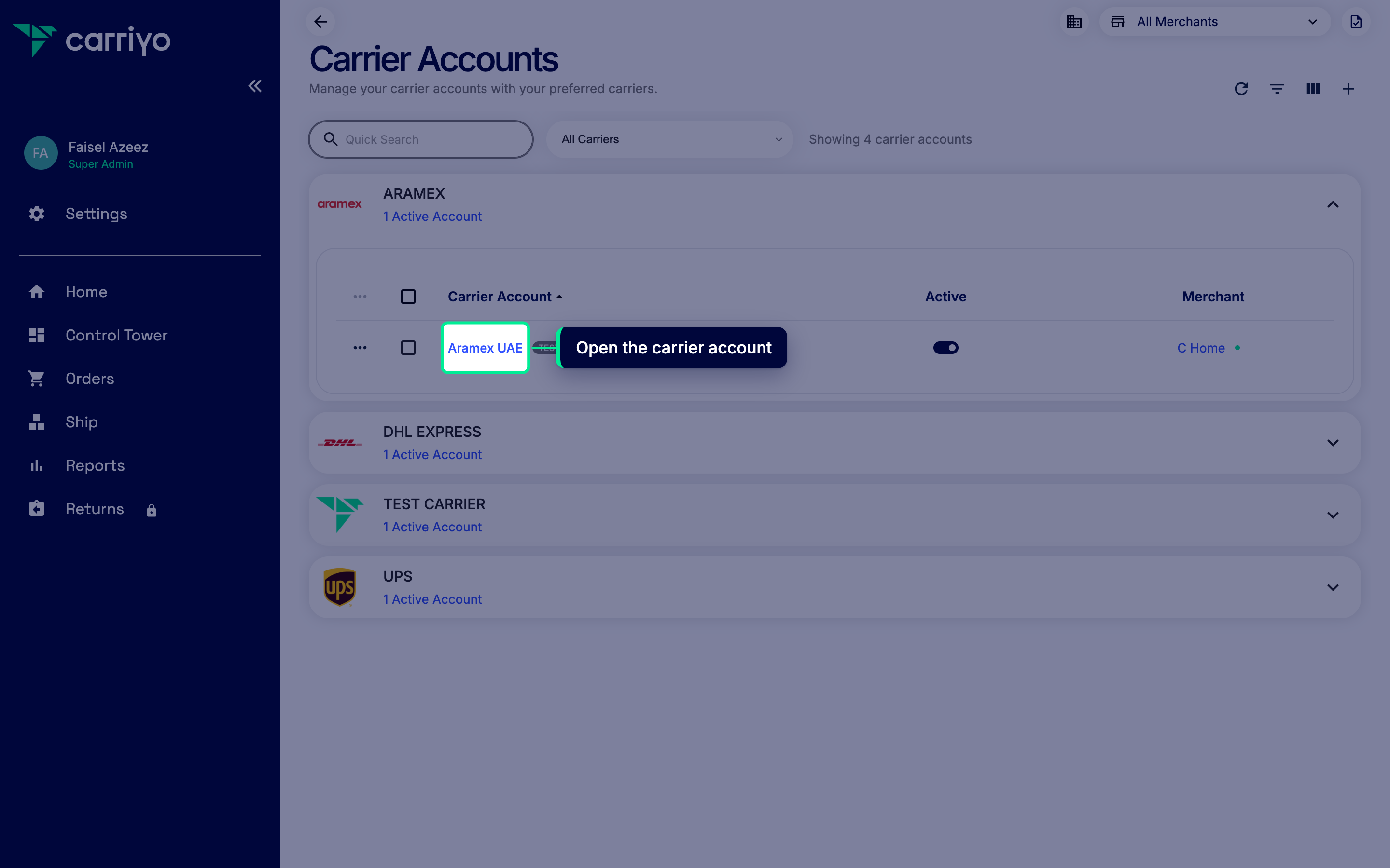 Carrier accounts list with one account row highlighted