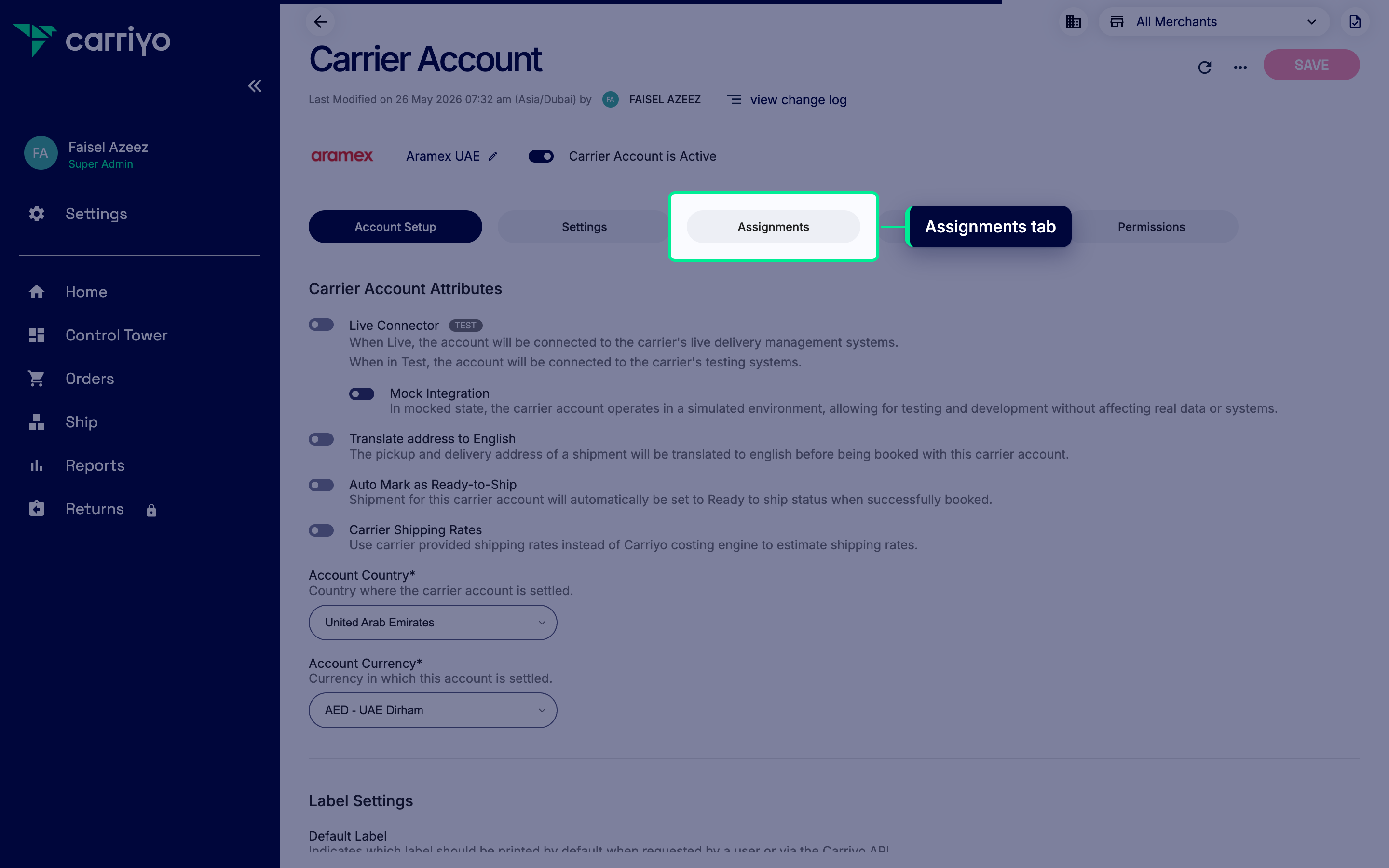 Account detail page with the Assignments tab highlighted in the top tab bar