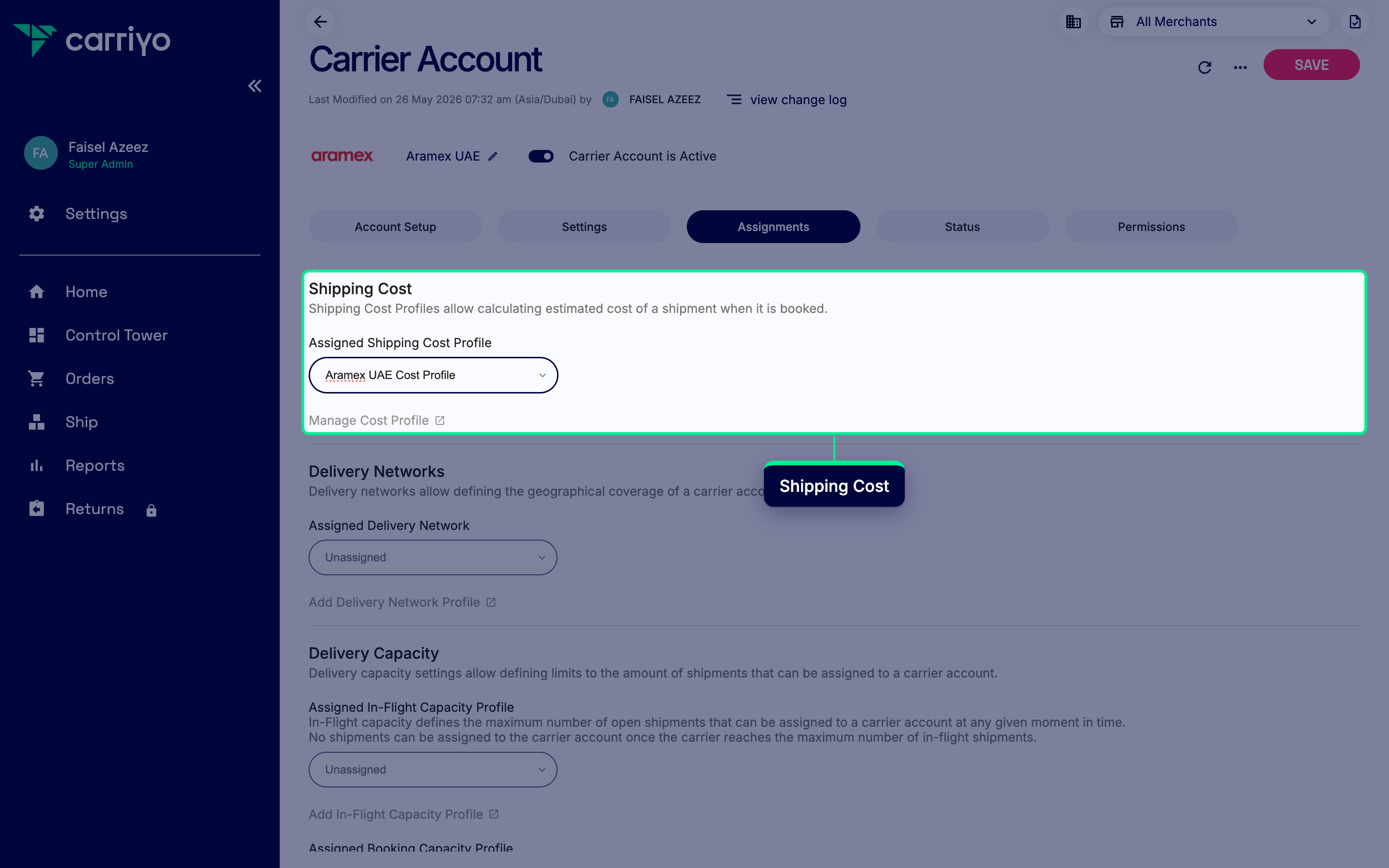 Shipping Cost section with a costing profile selected in the Assigned Shipping Cost Profile dropdown