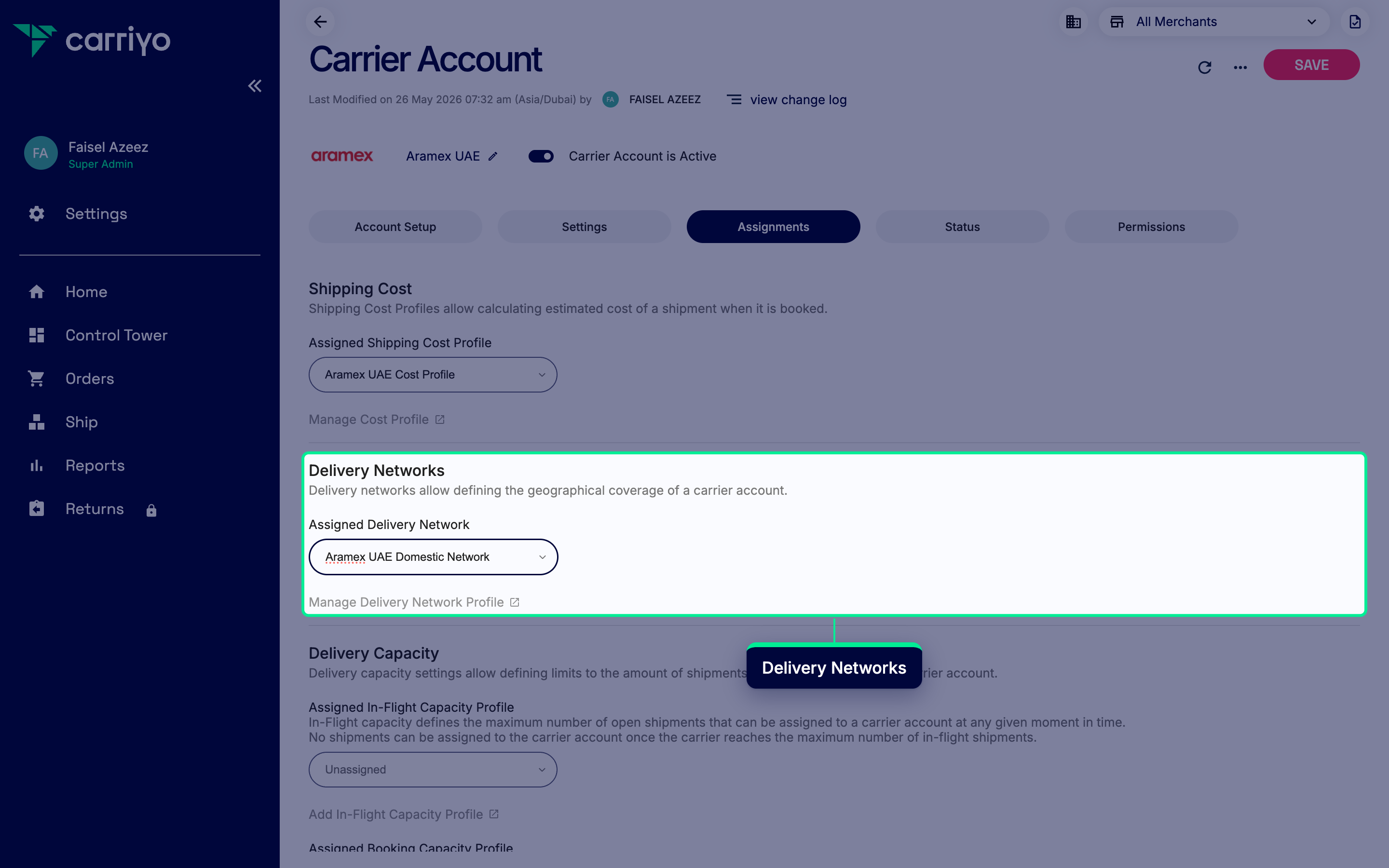 Delivery Networks section with a network profile selected in the Assigned Delivery Network dropdown