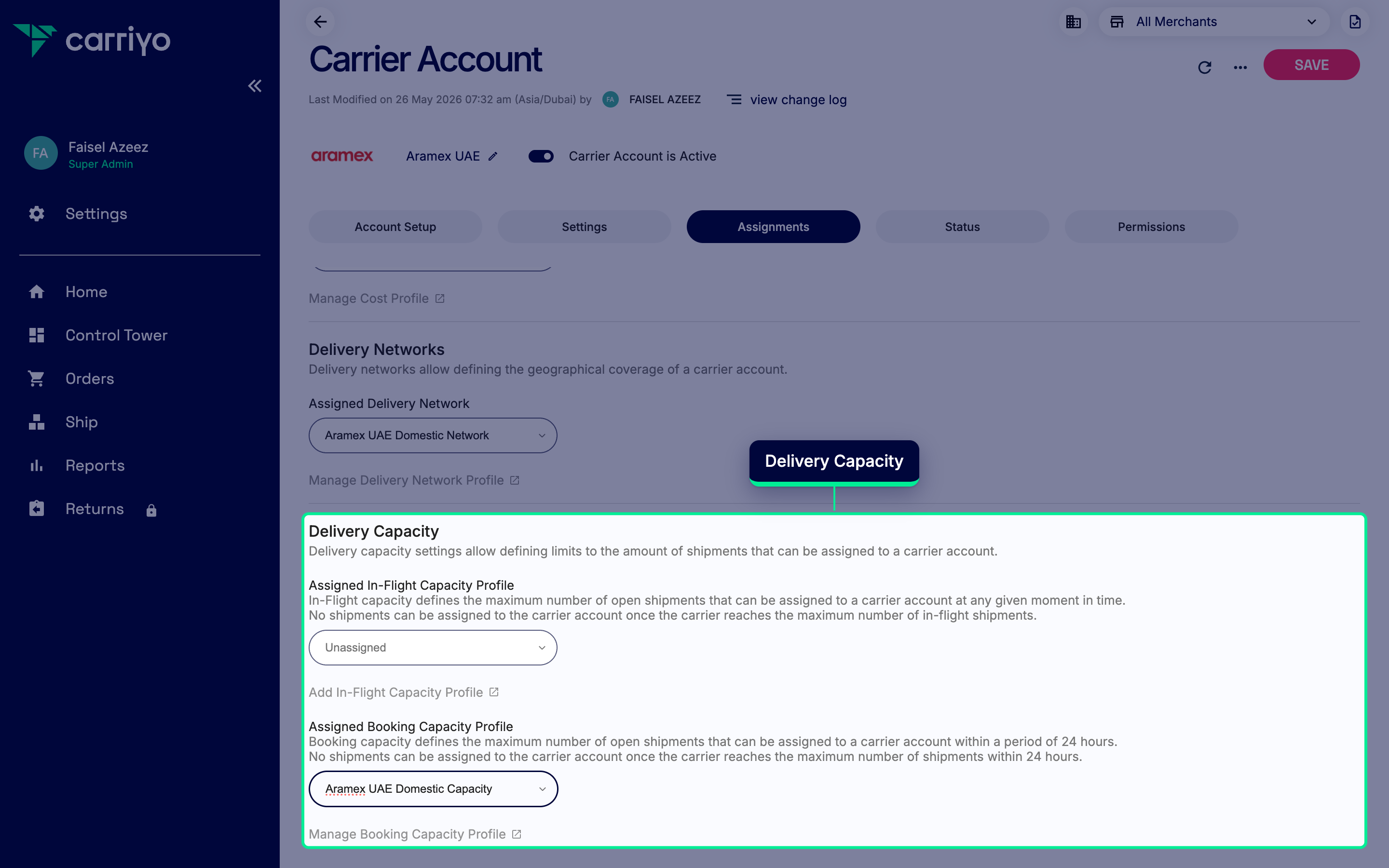Delivery Capacity section with a Booking capacity profile selected and In-Flight showing Unassigned