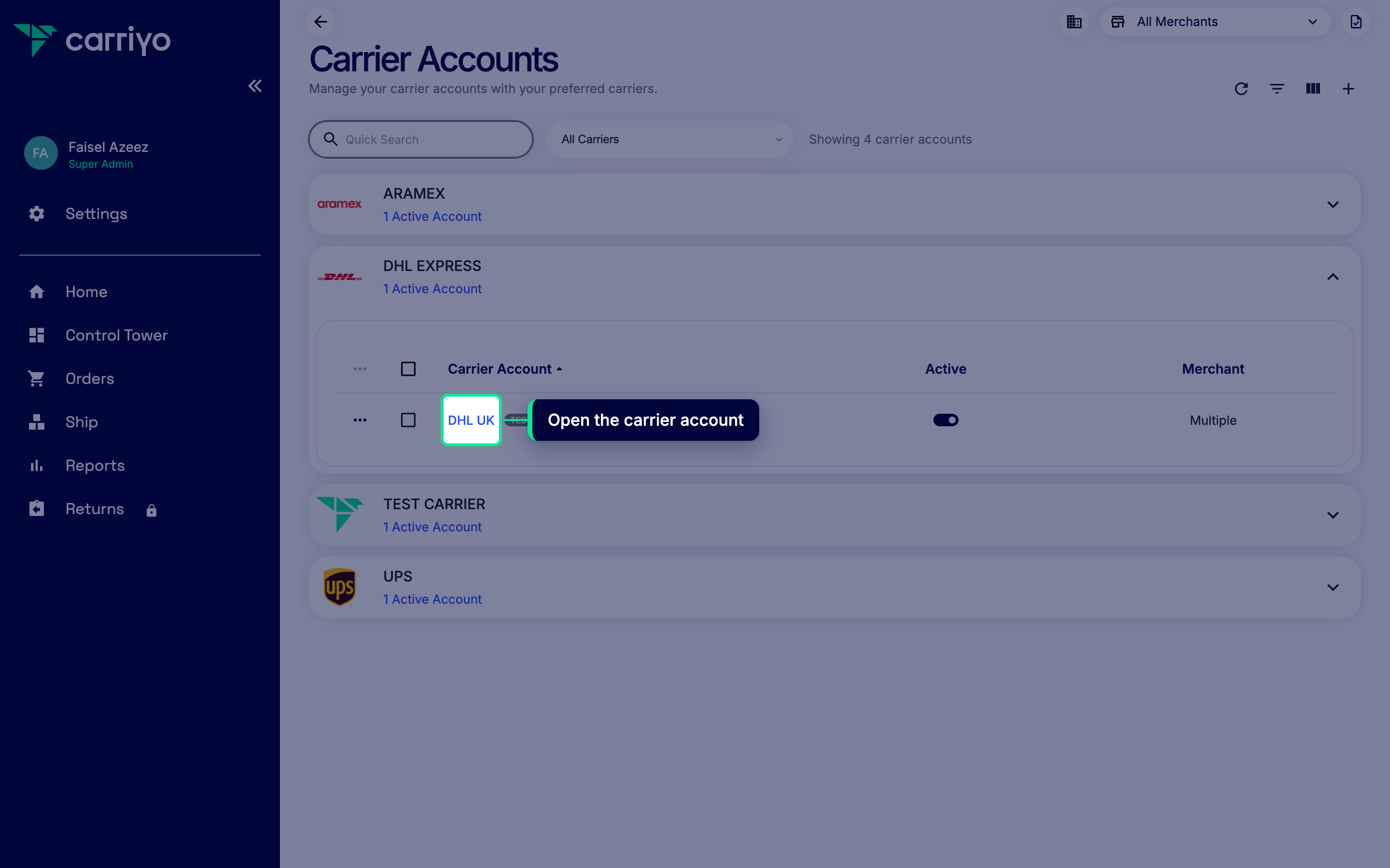 Carrier accounts list with one account row highlighted