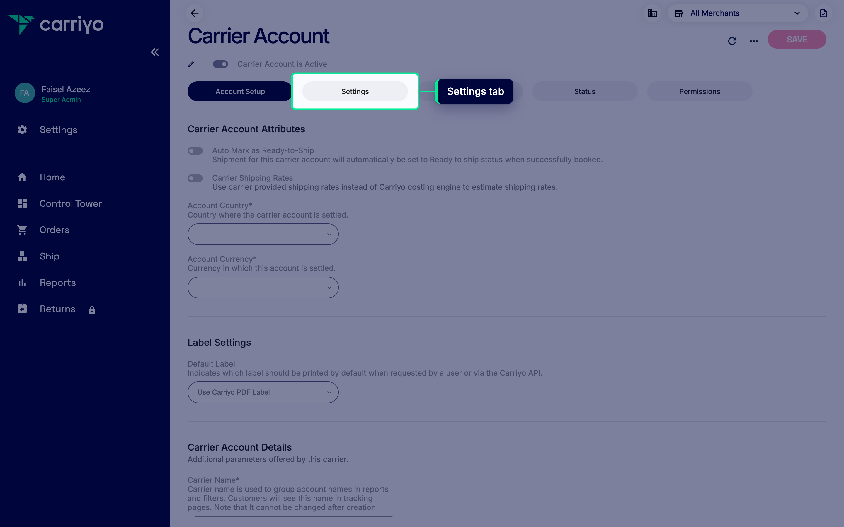 Account detail page with the Settings tab highlighted in the top tab bar