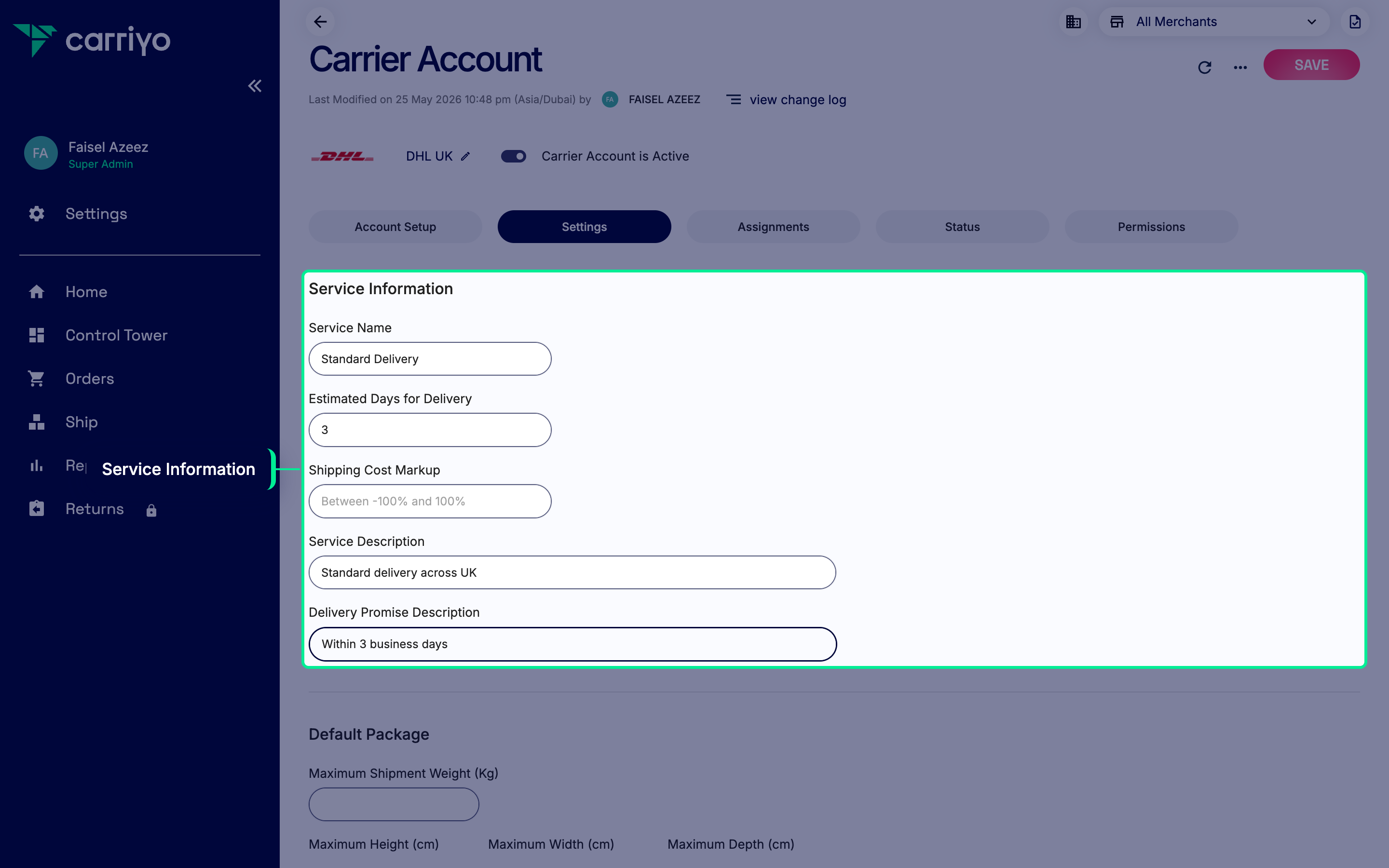 Service Information section on the Settings tab showing service name, description, estimated days, and cost fields