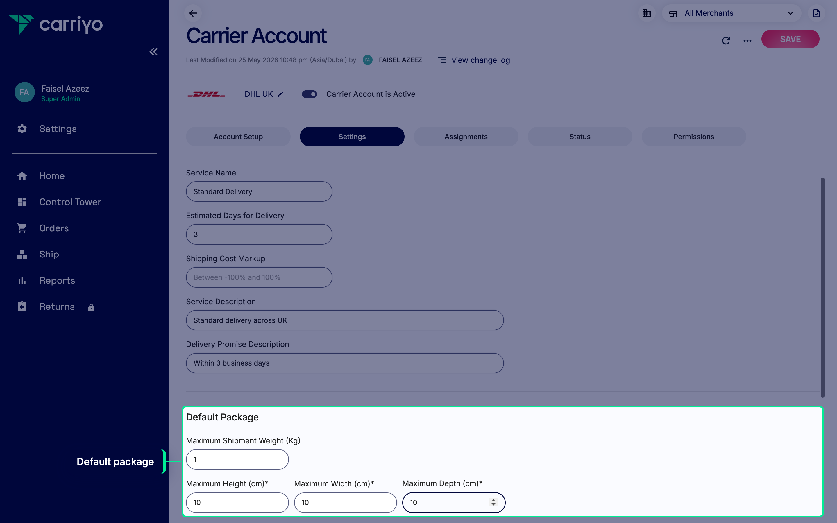 Default Package section on the Settings tab showing fallback weight and dimensions fields