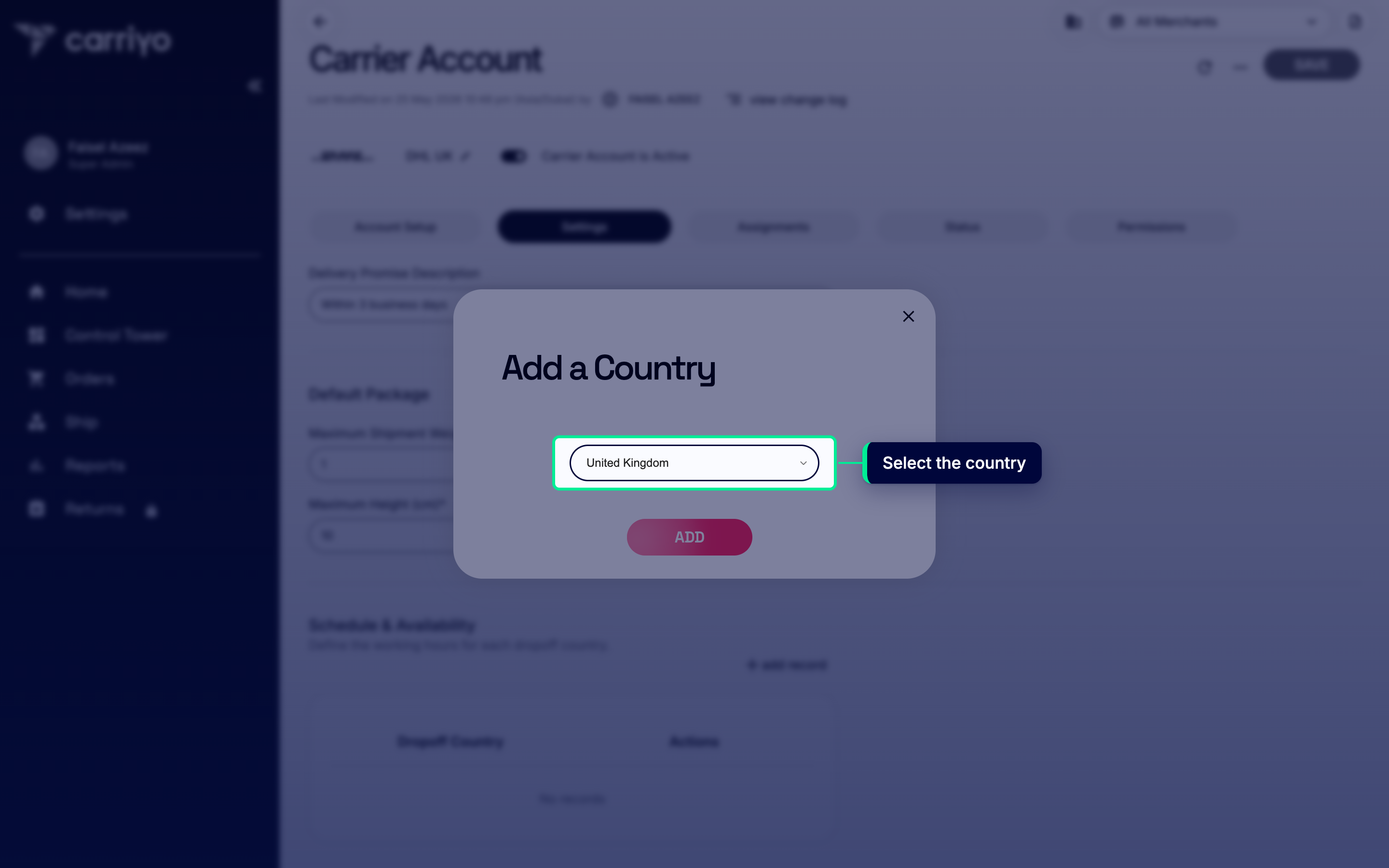 Country picker dialog with United Kingdom selected