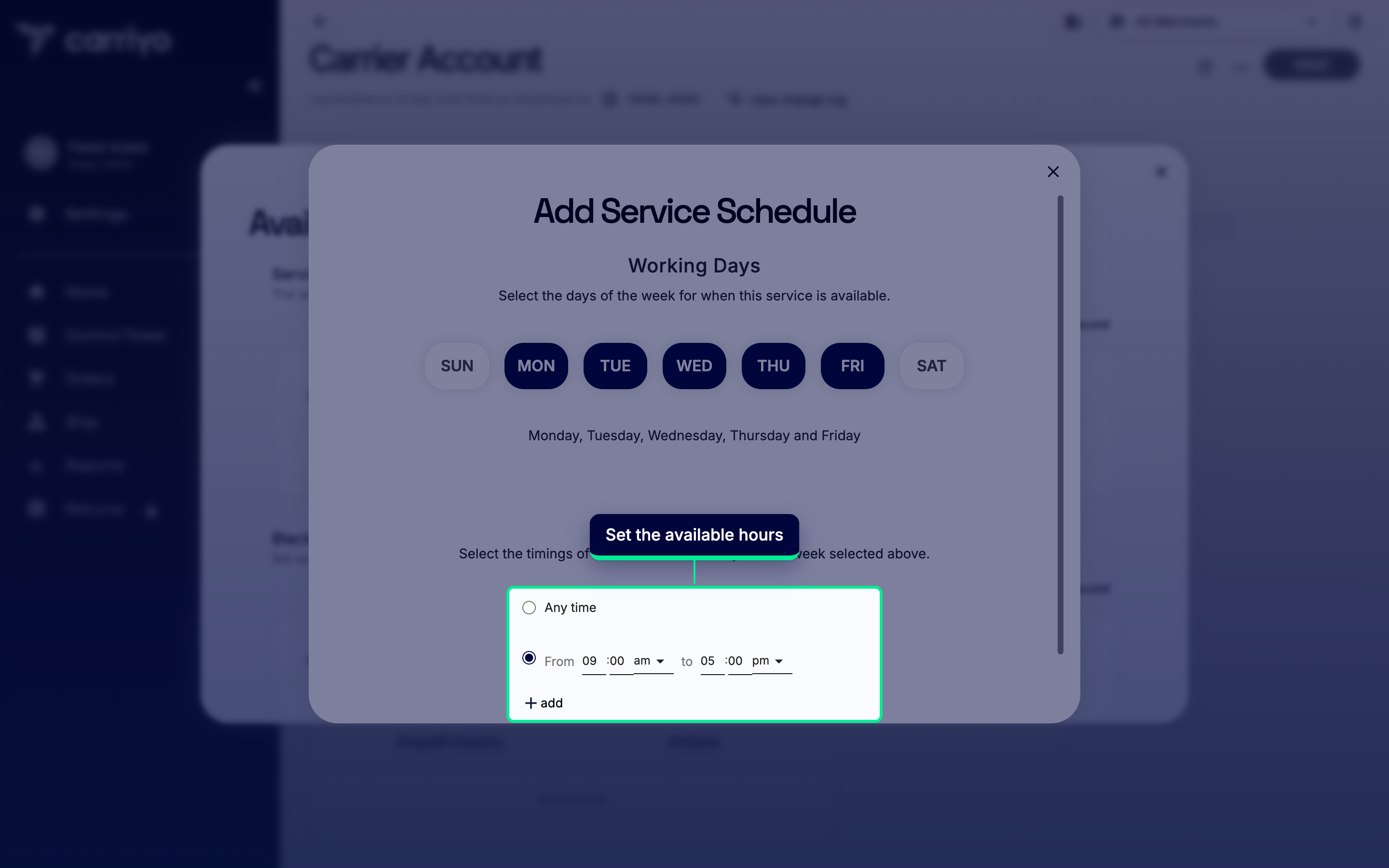 Schedule form with the Available Timings section highlighted
