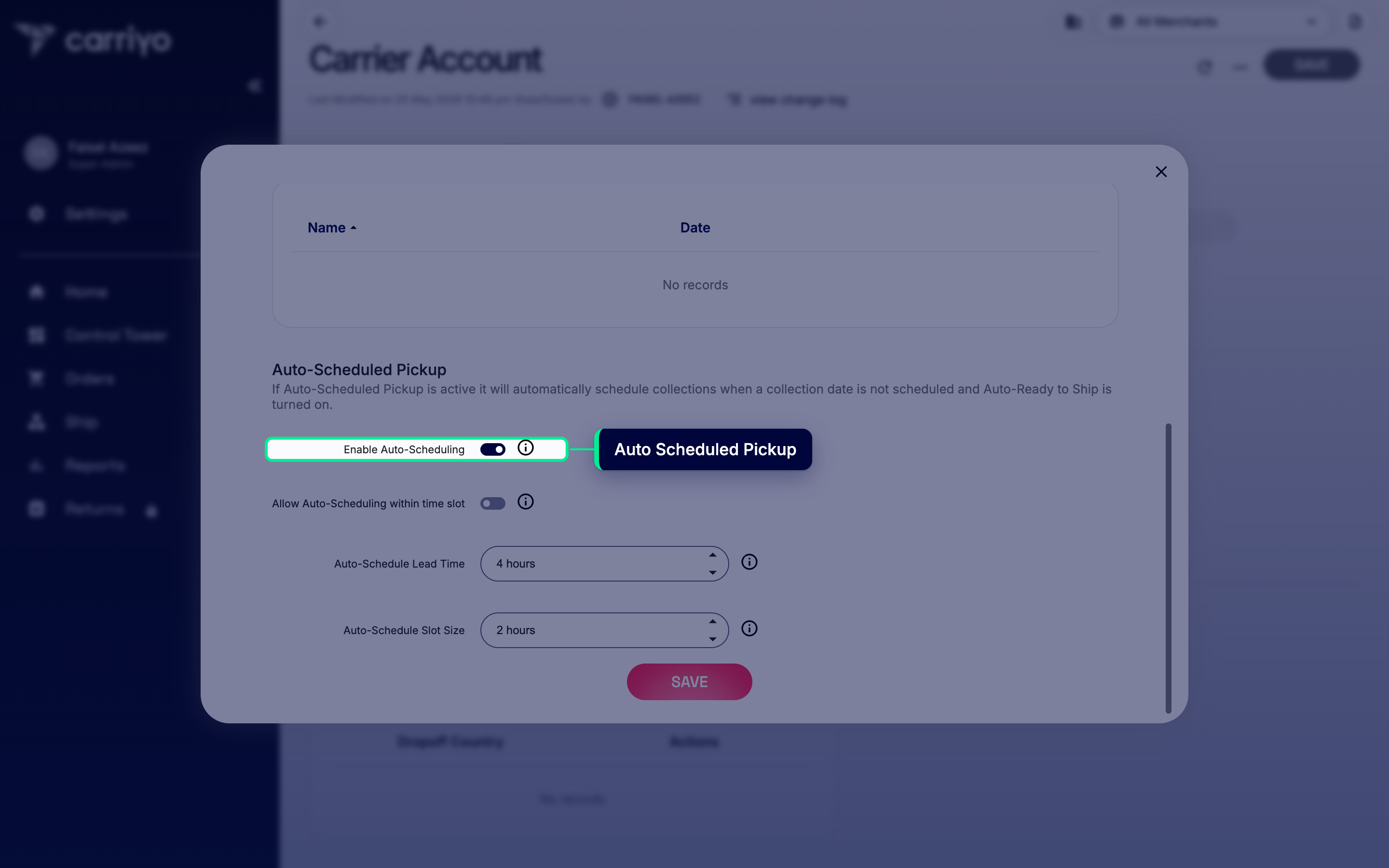 Auto Scheduled Pickup toggle highlighted