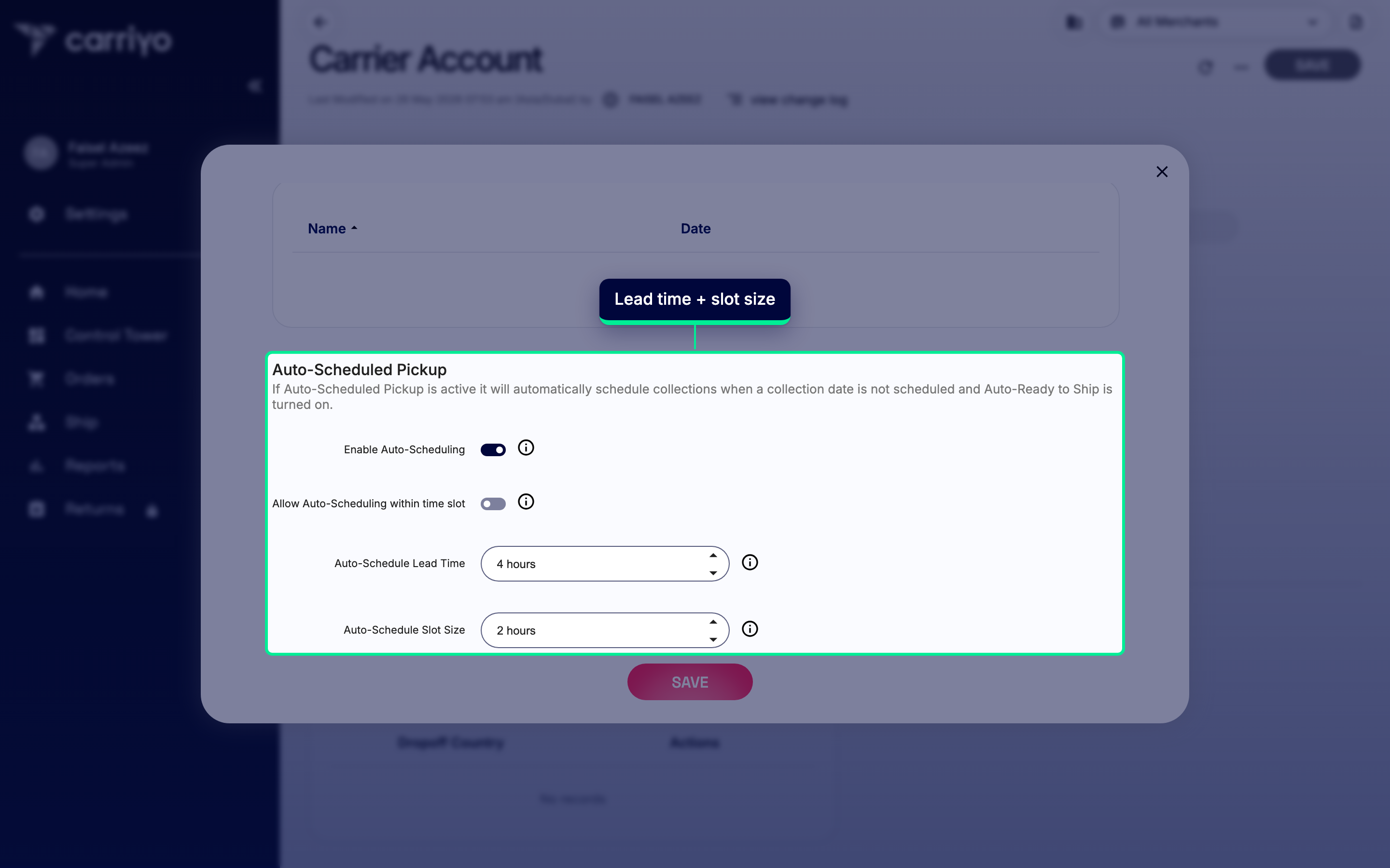 Auto-Schedule Lead Time and Slot Size fields highlighted below the toggles