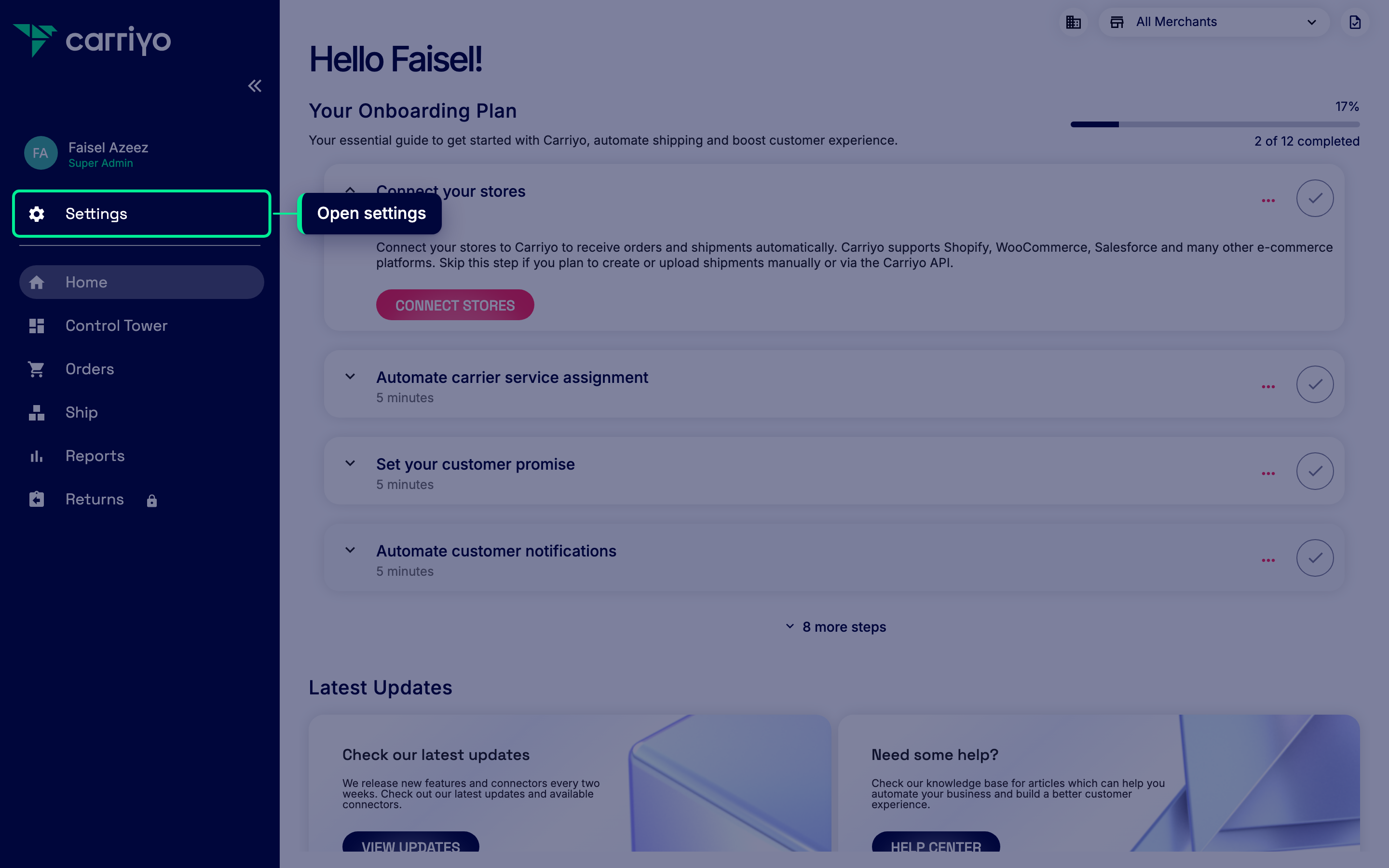 Carriyo Dashboard with the Settings link highlighted