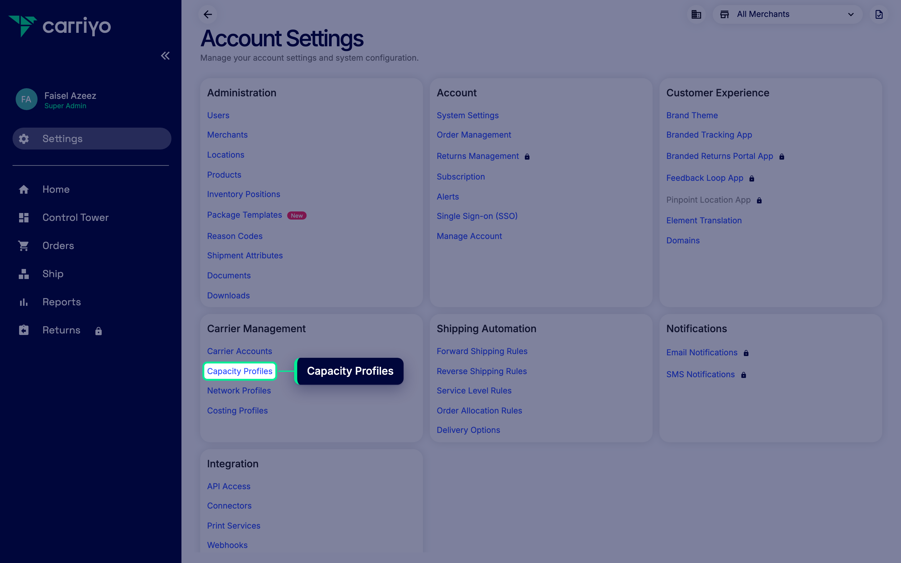 Settings submenu expanded with the Capacity Profiles link highlighted