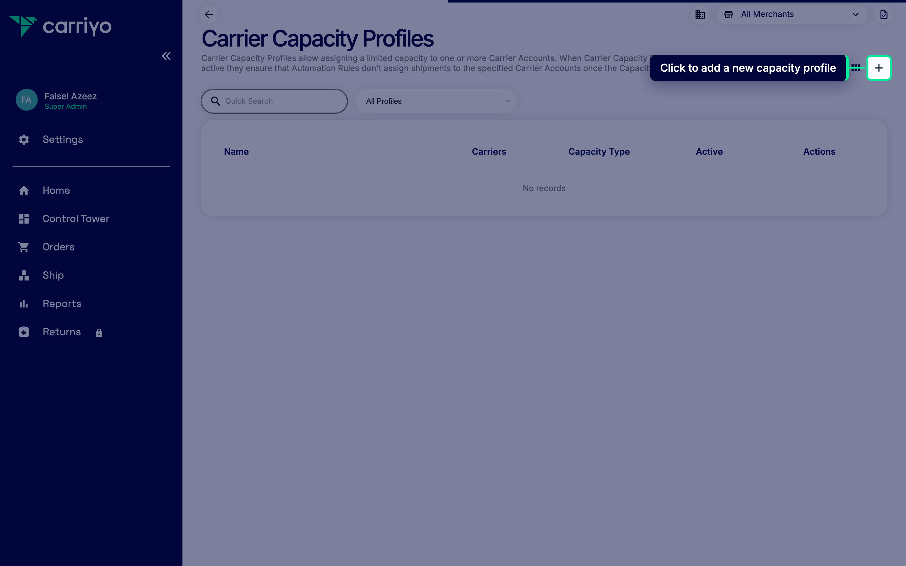 Capacity profiles list with the add icon highlighted