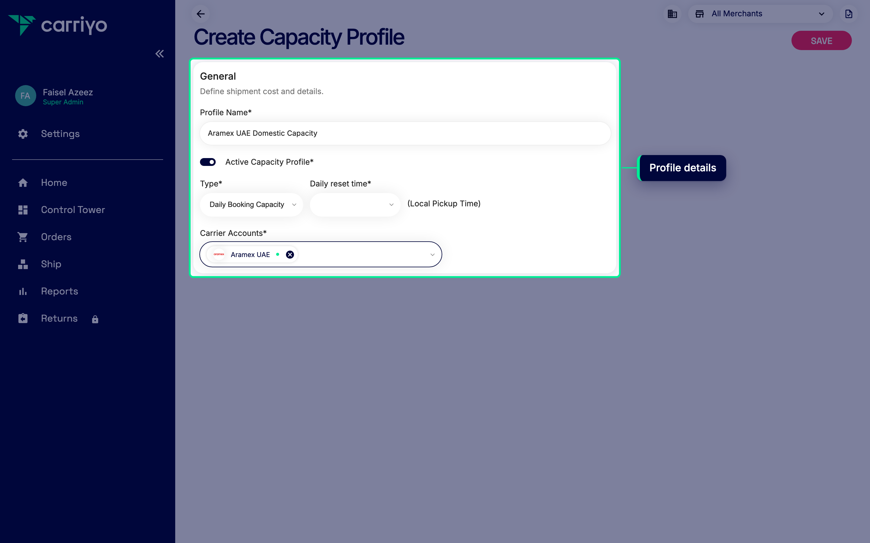 Capacity profile form with name, type, and accounts populated