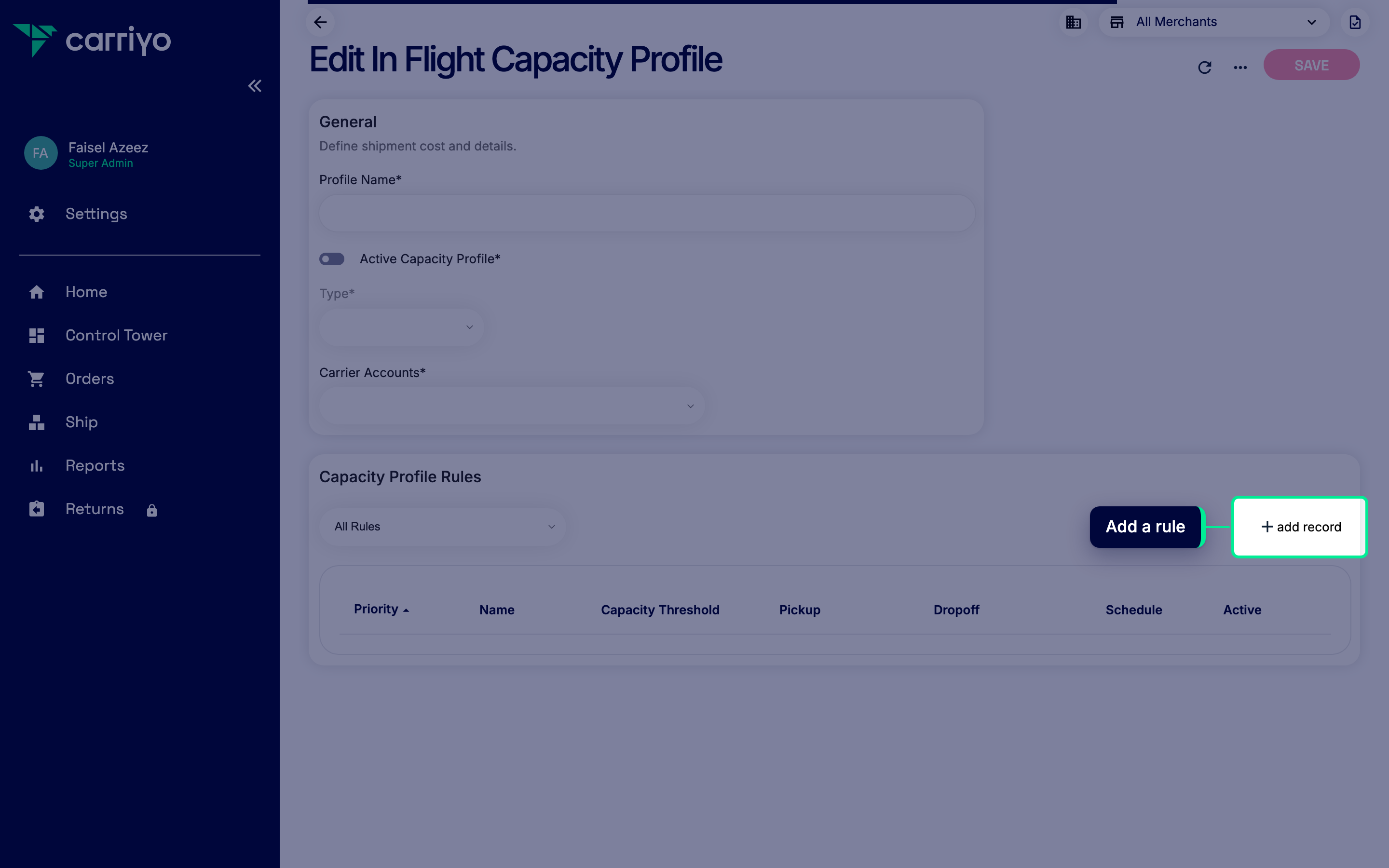Profile detail page with the add record button highlighted