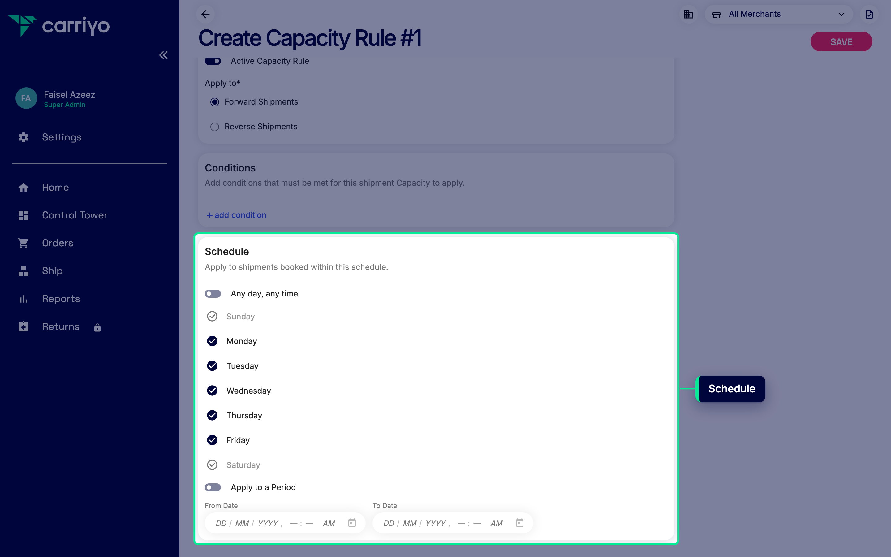 Rule schedule with specific days selected and a time period set