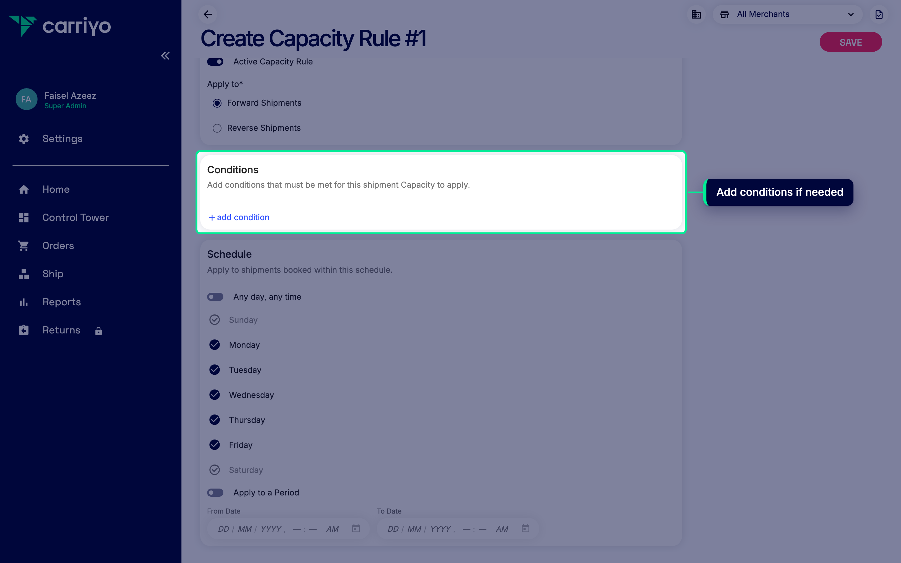 Rule form with the add condition button highlighted