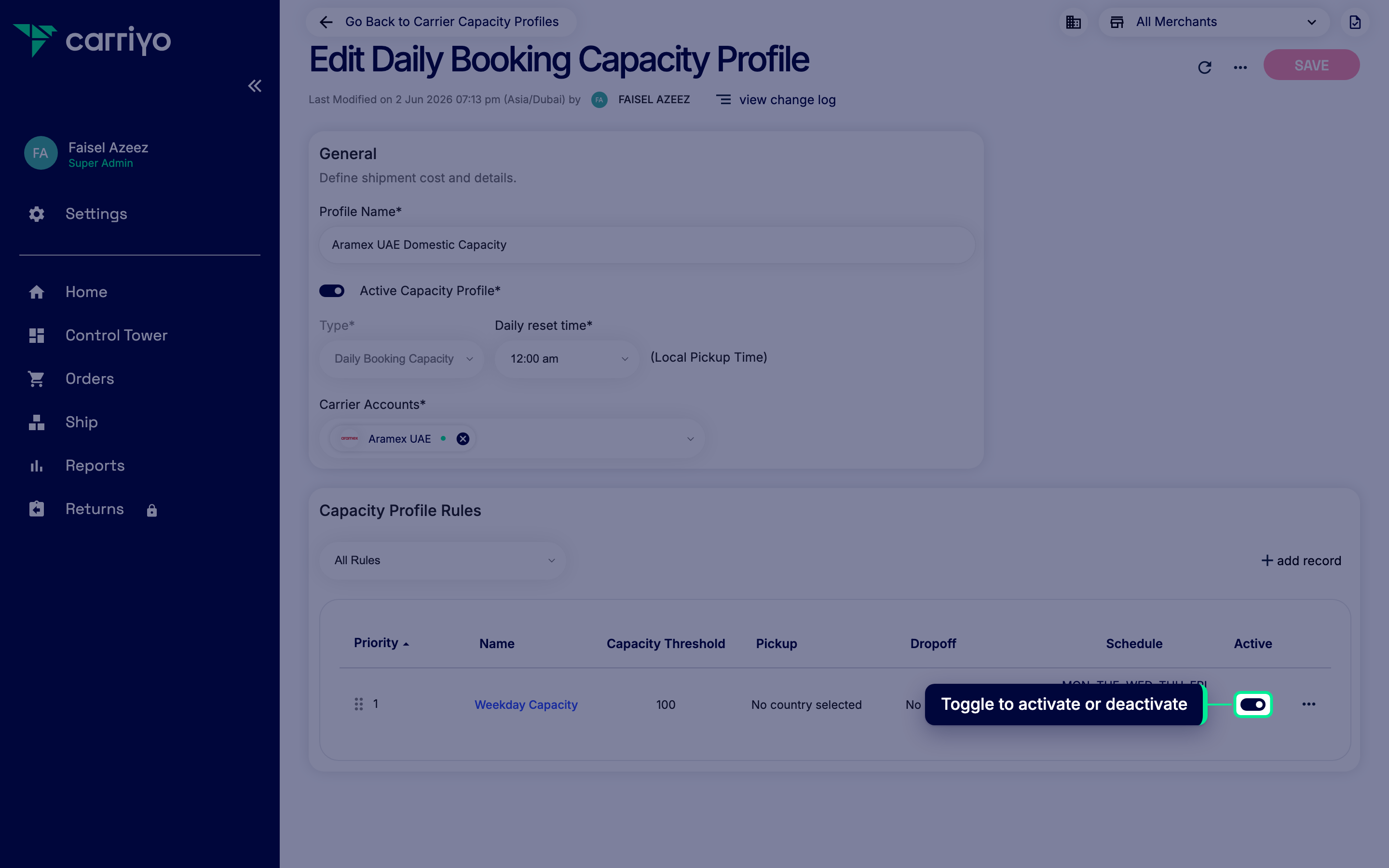 Rule list with the Active toggle highlighted on a rule row