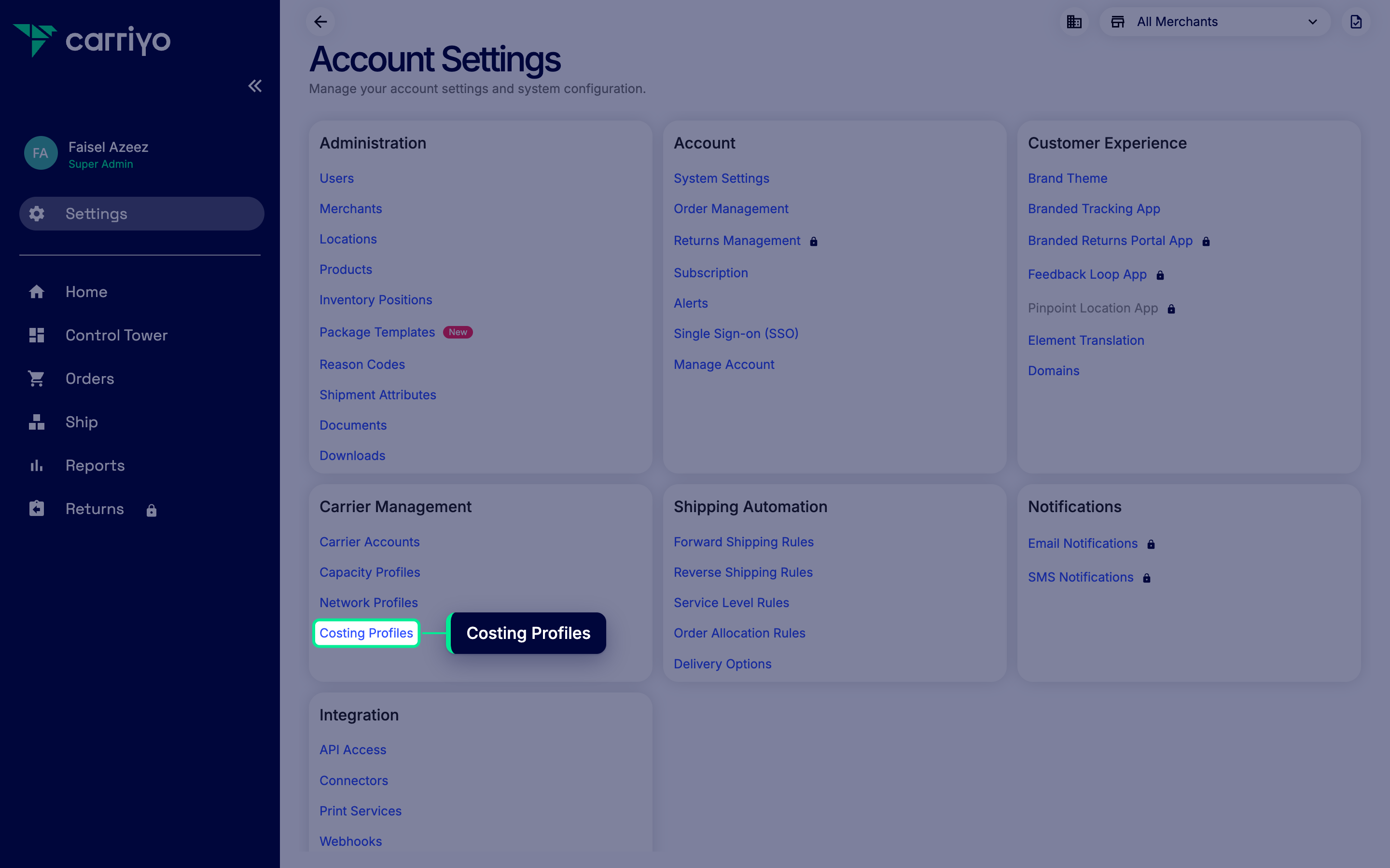 Settings submenu expanded with the Costing Profiles link highlighted