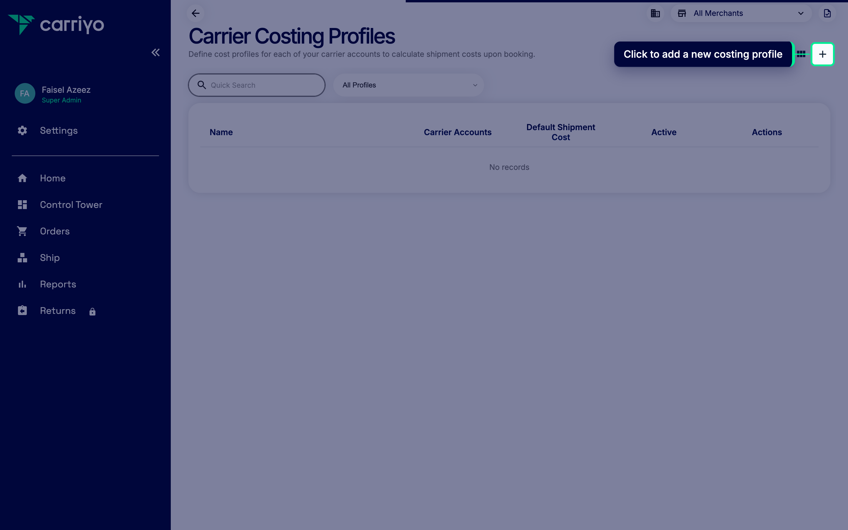 Costing profiles list with the add icon highlighted