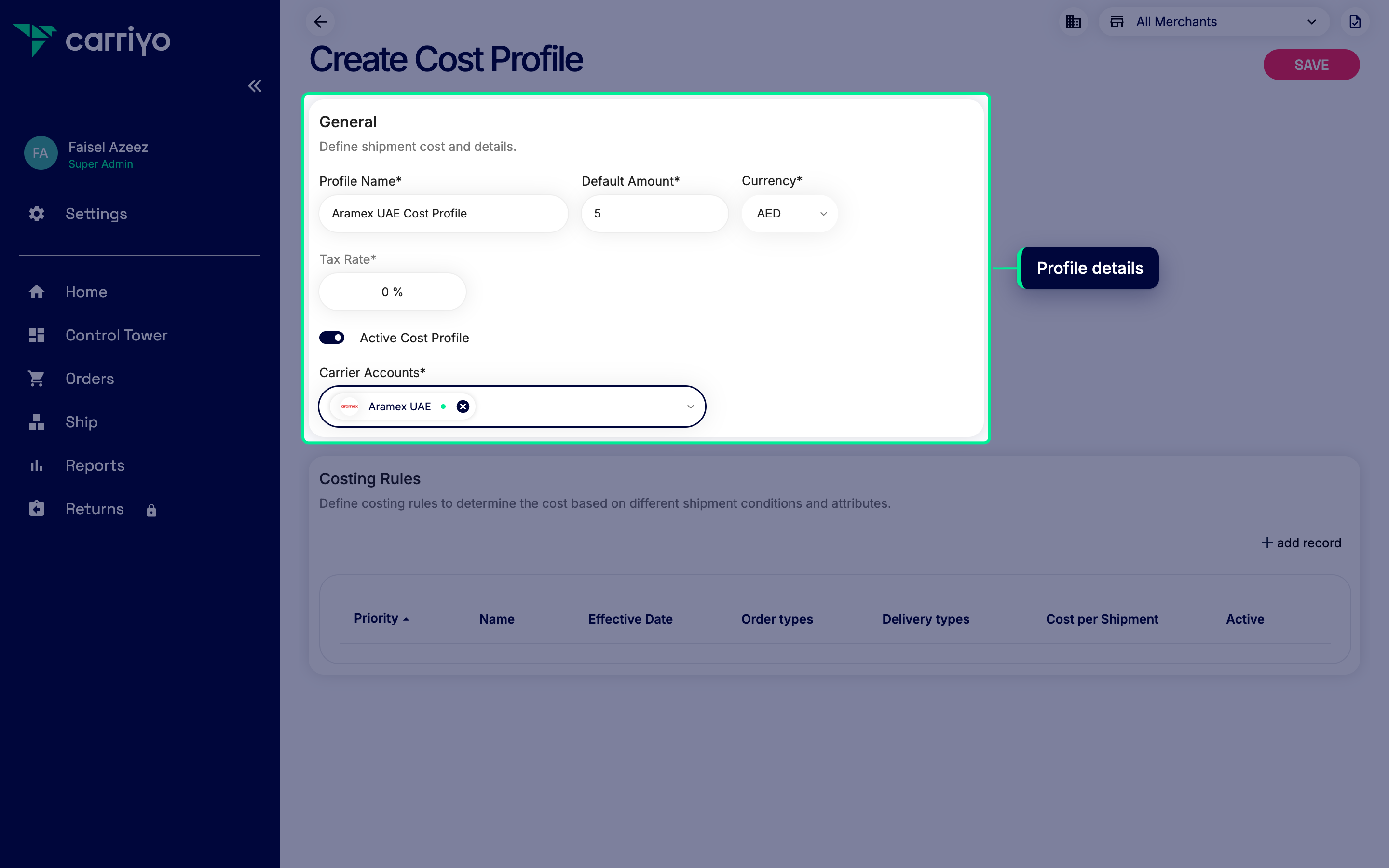 Costing profile form with name, default cost, currency, tax rate, and accounts populated