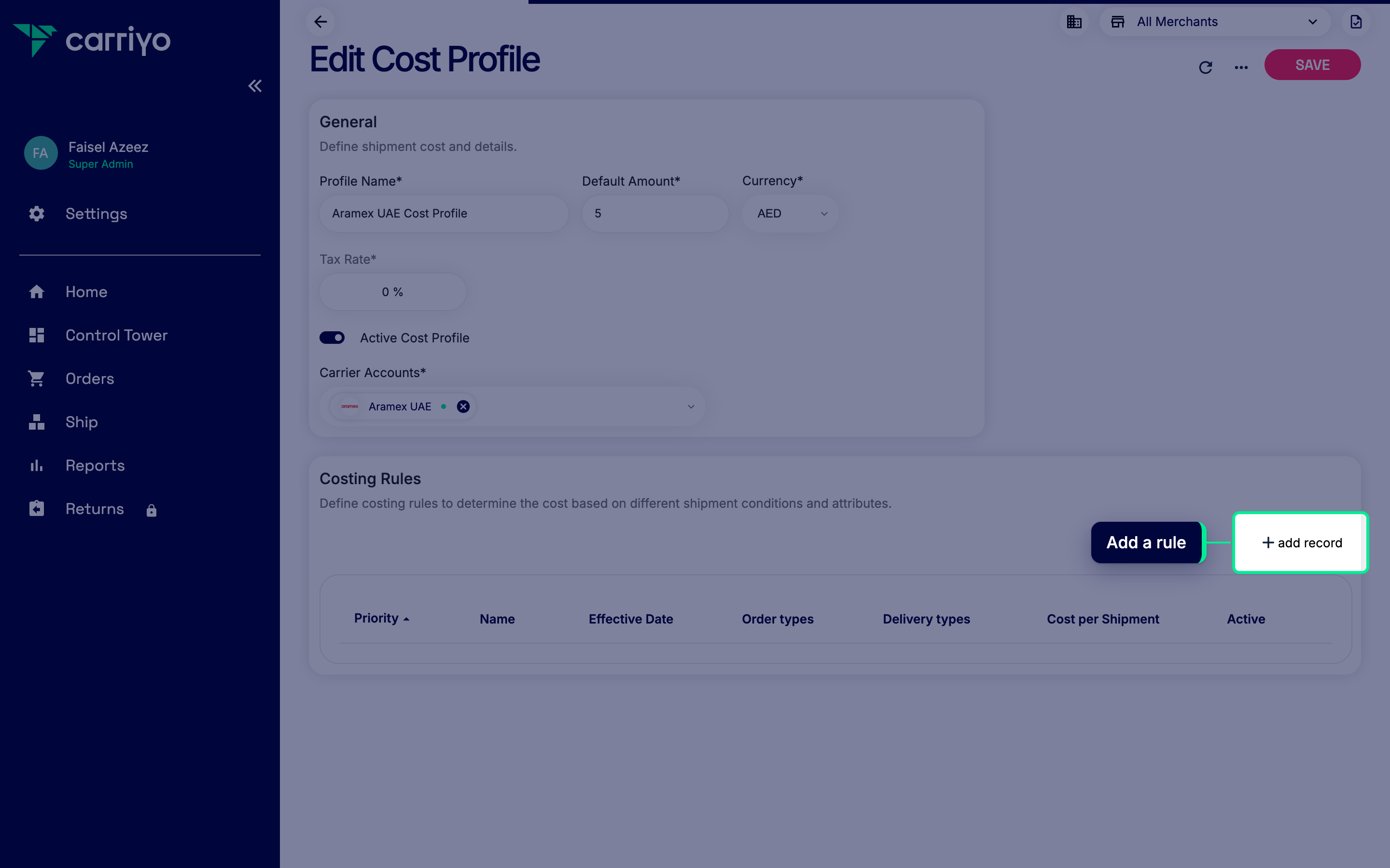 Profile detail page with the add record button highlighted